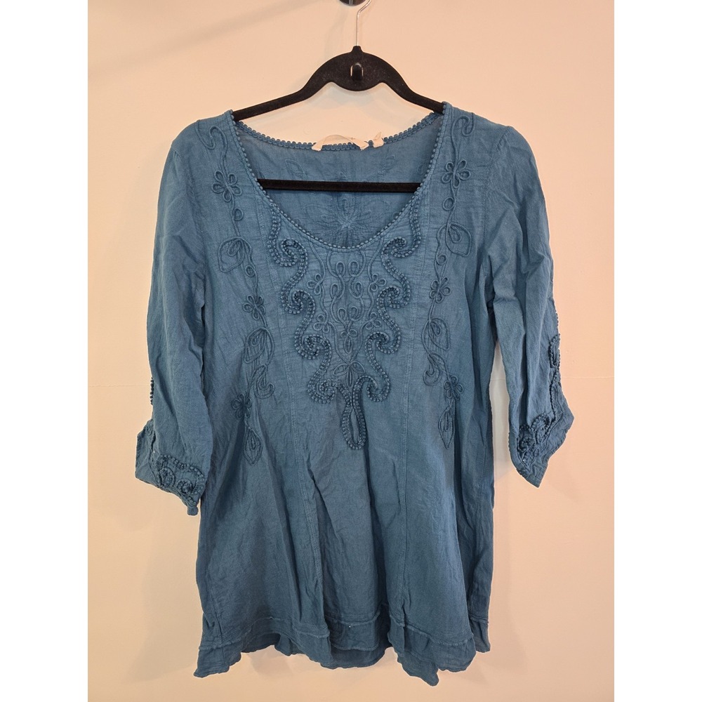 Soft Surroundings Embroidered Boho Top Teal Cotton Peasant‎ Goblincore Style XS